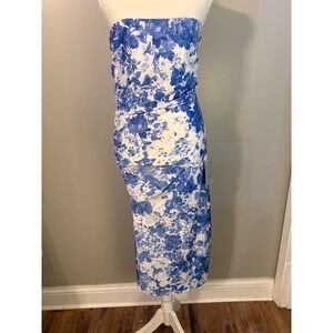 WAYF Blue Toile Floral Strapless Ruched Dress 93278WCH-KAV Blue Toile XS NWT